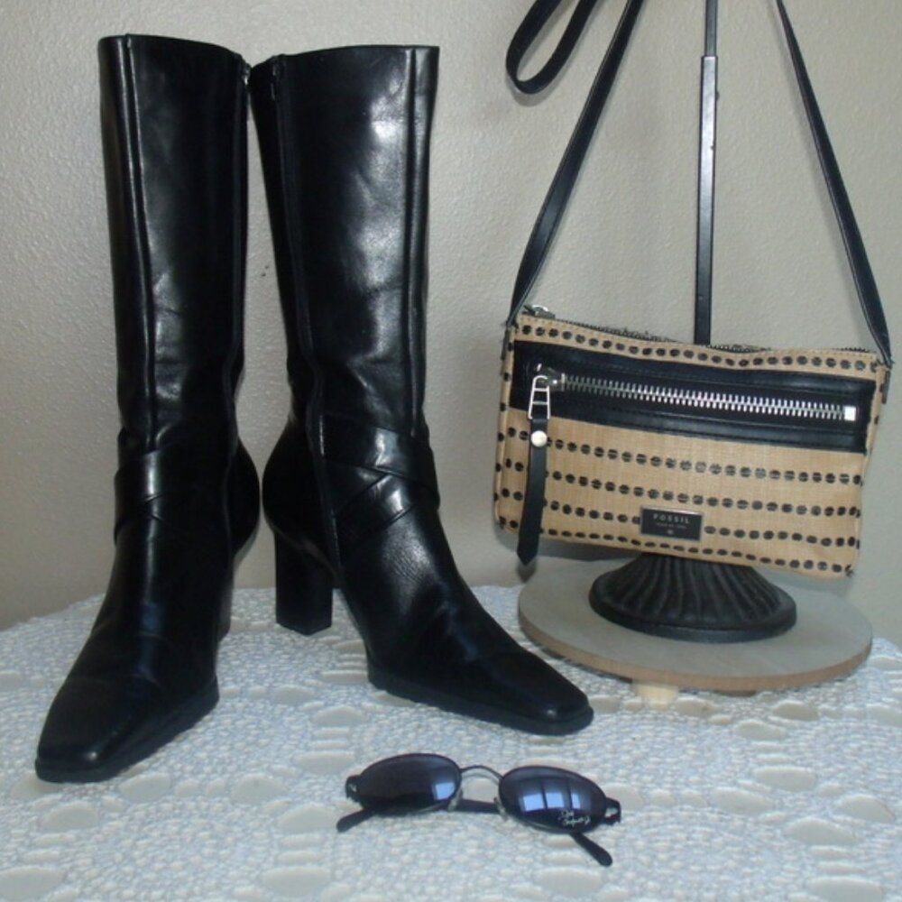 Franco Sarto Black Leather Mid-Calf Heeled Boots